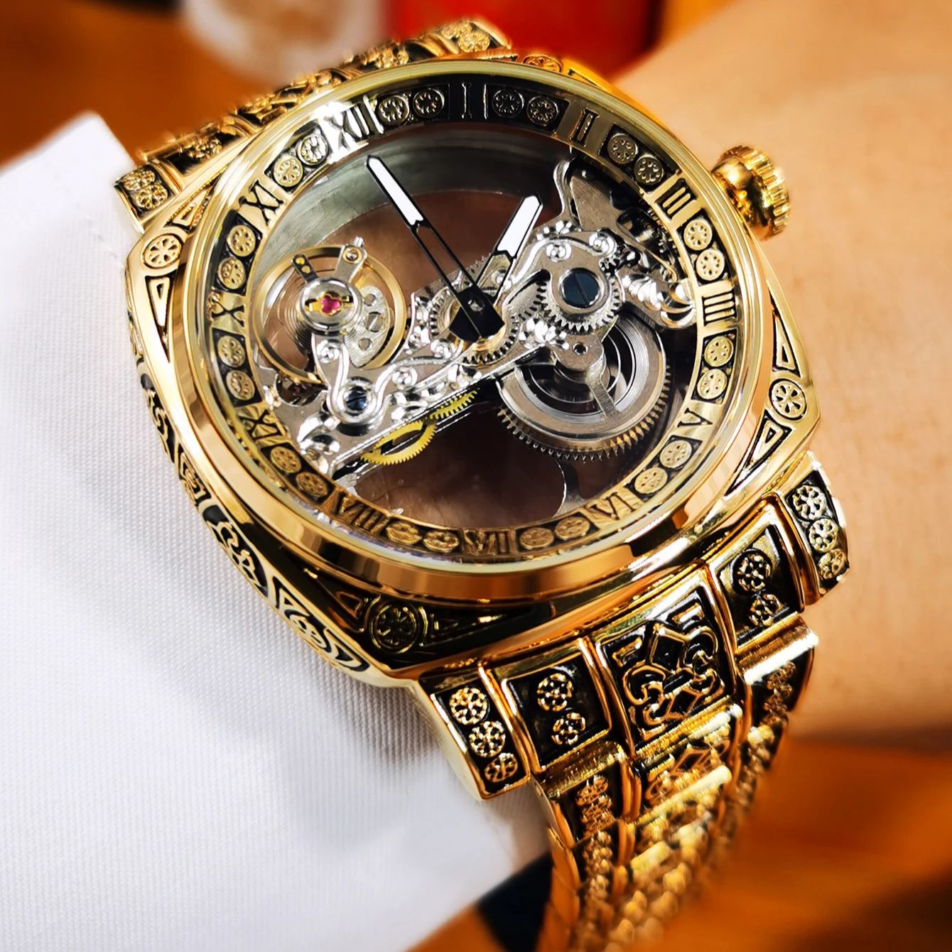 Luxury Watch Engraving - Forsining Retro Engraved Skeleton Automatic Watch